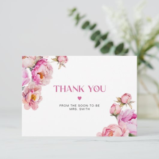 Helderroze bloemenpioen bruids bedankje kaart (Staand voorkant)