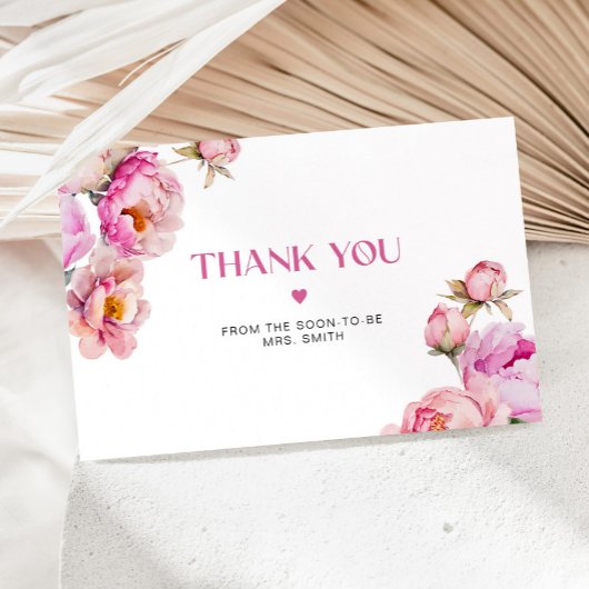 Helderroze bloemenpioen bruids bedankje kaart