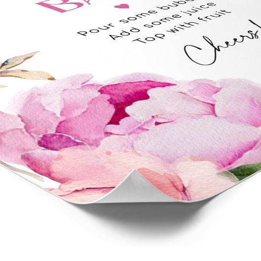 Helderroze bloemenpioen bruids bubbly bar poster (Hoek)