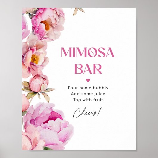 Helderroze bloemenpioen bruids mimosa bar poster (Voorkant)