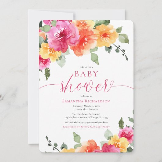 Helderroze bloemenpioenen meisje baby shower kaart (Voorkant)