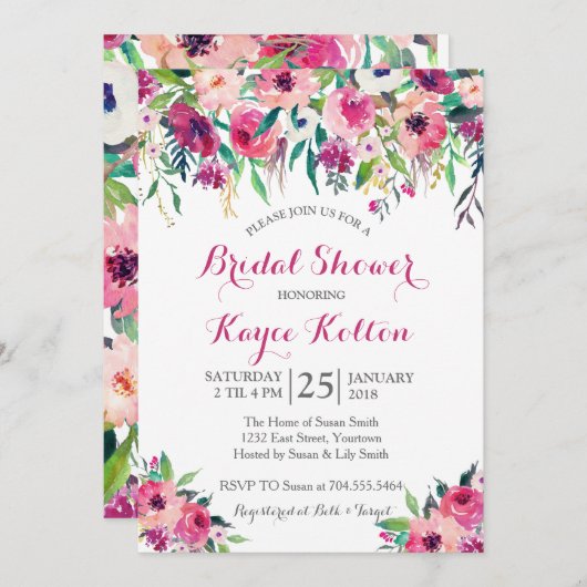 Helderroze bruiddoucheuitnodiging kaart (Voorkant / Achterkant)