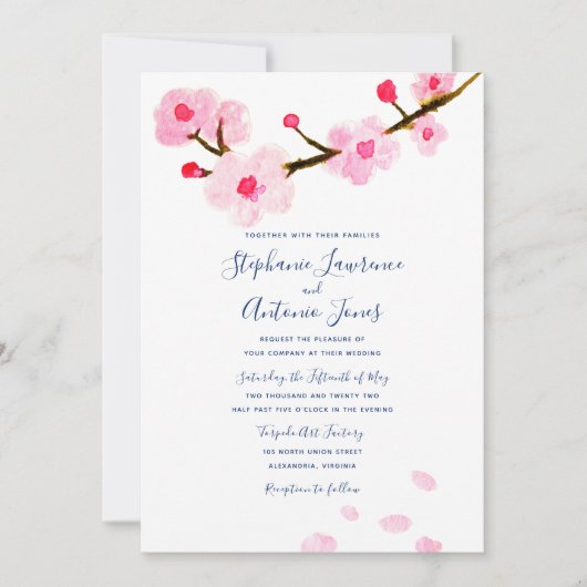 Helderroze Cherry Blossom Wedding Kaart (Voorkant)