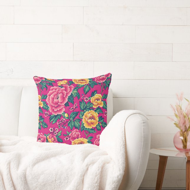  Helderroze Chinoiserie Grote Bloemen Kussen (Bank)