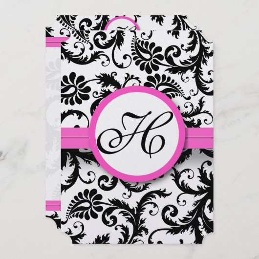 Helderroze  Damask Swirl Wedding nodigt uit Kaart (Voorkant / Achterkant)