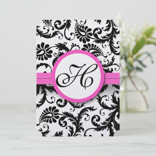 Helderroze  Damask Swirl Wedding nodigt uit Kaart (Staand voorkant)