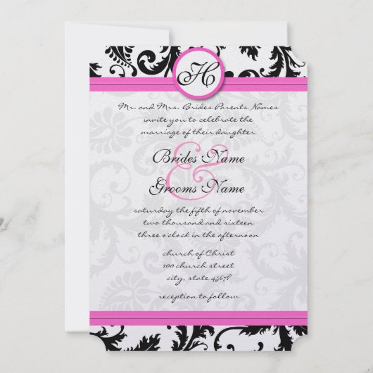 Helderroze  Damask Swirl Wedding nodigt uit Kaart (Achterkant)