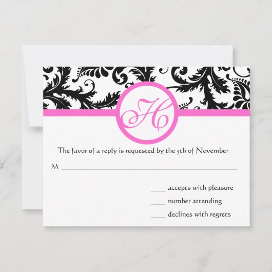 Helderroze Damask Swirl Wedding RSVP (Voorkant)