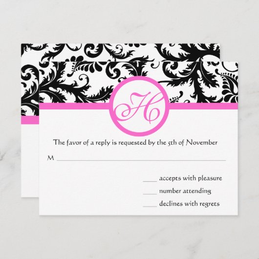 Helderroze Damask Swirl Wedding RSVP (Voorkant / Achterkant)