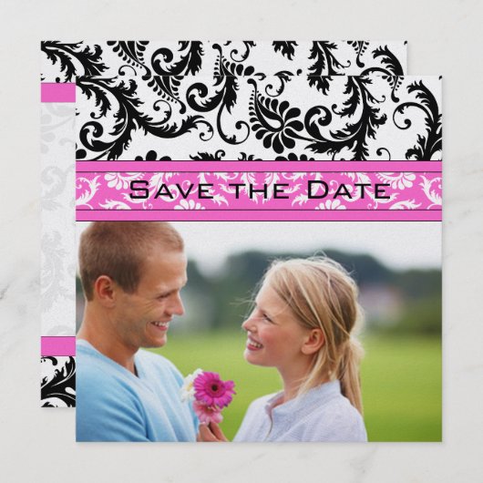 Helderroze Damask zwemt rond met de datum opslaan Save The Date (Voorkant / Achterkant)