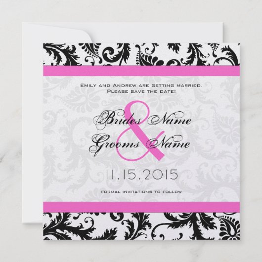 Helderroze Damask zwemt rond met de datum opslaan Save The Date (Achterkant)