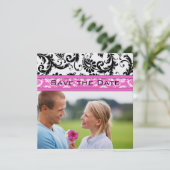 Helderroze Damask zwemt rond met de datum opslaan Save The Date (Staand voorkant)