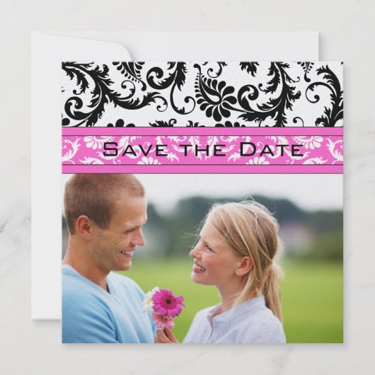 Helderroze Damask zwemt rond met de datum opslaan Save The Date (Voorkant)