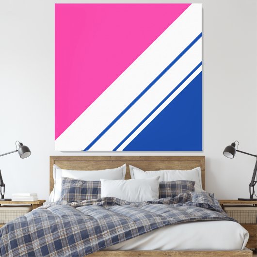 Helderroze Deep Blue White Slant Racing Stripes Canvas Afdruk (Insitu (Slaapkamer))