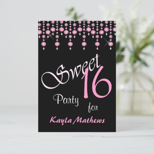Helderroze Diamond Curtain Sweet 16 Party Kaart (Staand voorkant)
