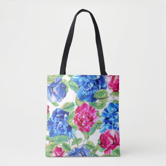 Helderroze en blauw Floral  patroon Tote Bag (Voorkant)