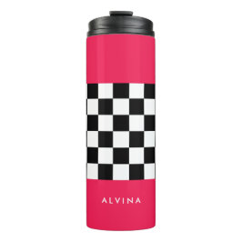 Helderroze en dambord thermosbeker