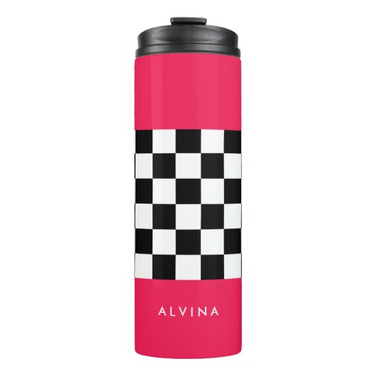 Helderroze en dambord thermosbeker (Voorkant)