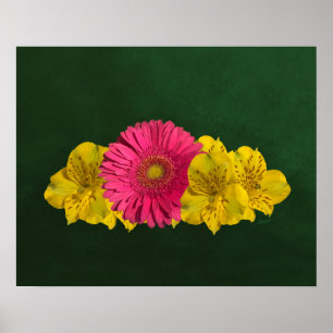 Helderroze en gele bloemen afdrukken poster