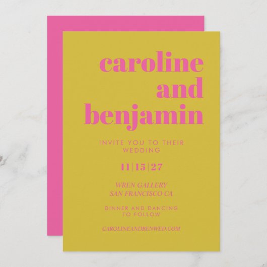 Helderroze en gele Typografie Modern Wedding Kaart (Voorkant / Achterkant)