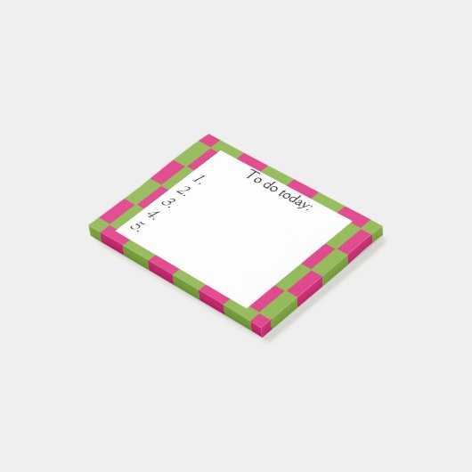Helderroze en groene gecheckte Post it Note (Schuin)