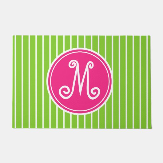 Helderroze en groene stripe monogram deurmat (Voorkant)