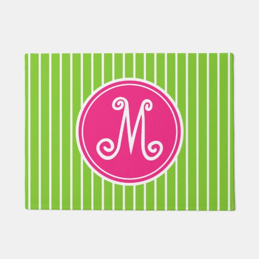 Helderroze en groene stripe monogram deurmat (Voorkant)
