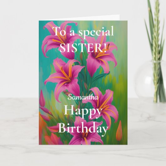 Helderroze en Krachtige Roze Lelies Gelukkige Verj Kaart (Voorkant)