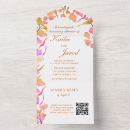 Helderroze en Oranje Wilde bloem QR-code All In One Uitnodiging