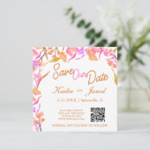 Helderroze en Oranje Wilde bloem QR-code Save The Date (Staand voorkant)