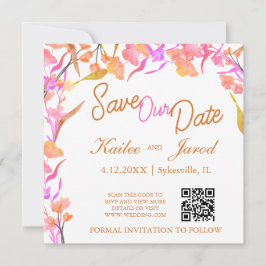 Helderroze en Oranje Wilde bloem QR-code Save The Date