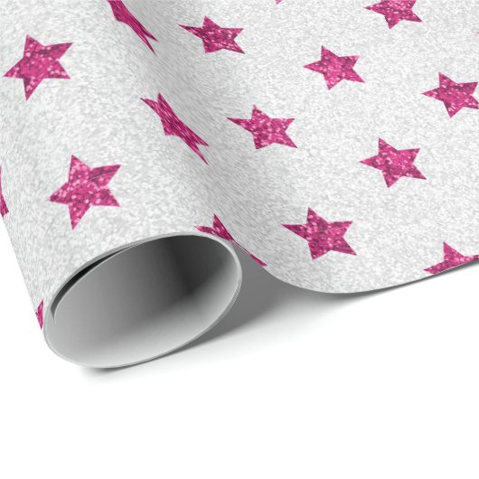 Helderroze en witte faux-Glitter Star-patroon Cadeaupapier (Rol Hoek)
