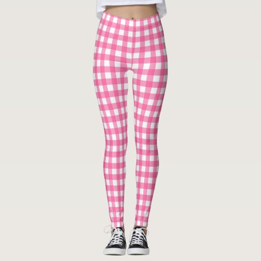 Helderroze en witte gingham leggings (Voorkant)