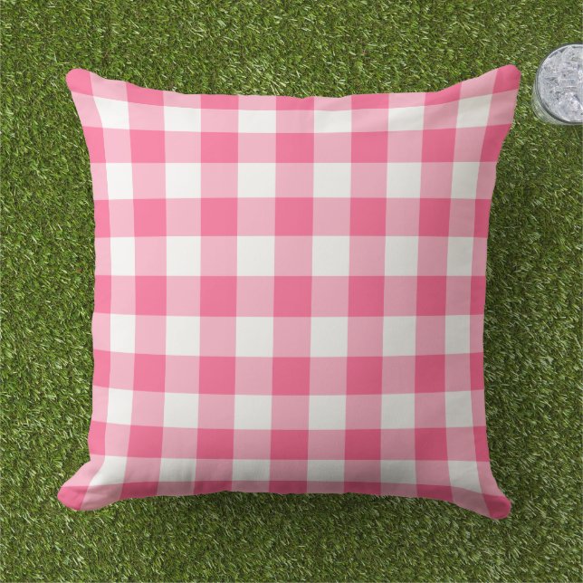 Helderroze en witte gingham-patroonpatroon buitenkussen (Gras)