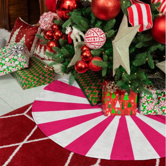 Helderroze en witte Starburst Stripes Imitatie Linnen Kerstboom Rok