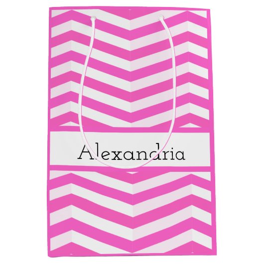 Helderroze en witte strijkstreep medium cadeauzakje (Voorkant)