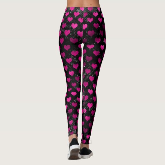 Helderroze en zwart glam Hearts Patroon Leggings (Achterkant)
