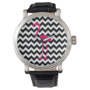 Helderroze flamingo Black en White Zigzag Horloge