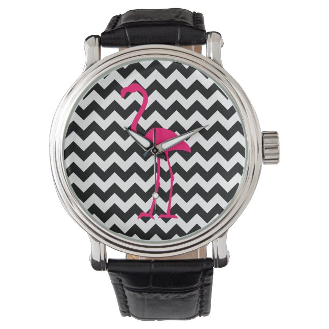 Helderroze flamingo Black en White Zigzag Horloge (Voorkant)