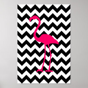 Helderroze flamingo Black en White Zigzag Poster