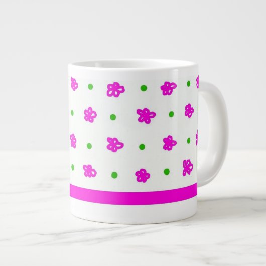 Helderroze Floral Pattern, Groene Polkas op White Grote Koffiekop (Voorkant rechts)