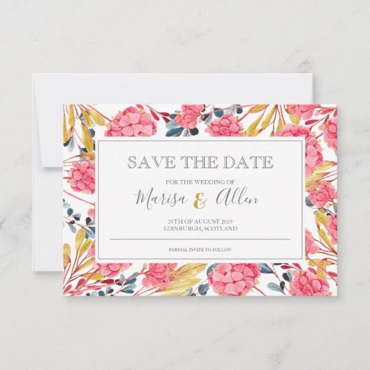 Helderroze Floral Pattern Save The Date (Voorkant)
