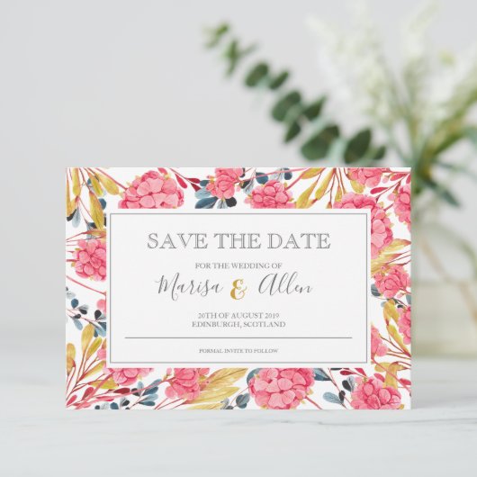 Helderroze Floral Pattern Save The Date (Staand voorkant)