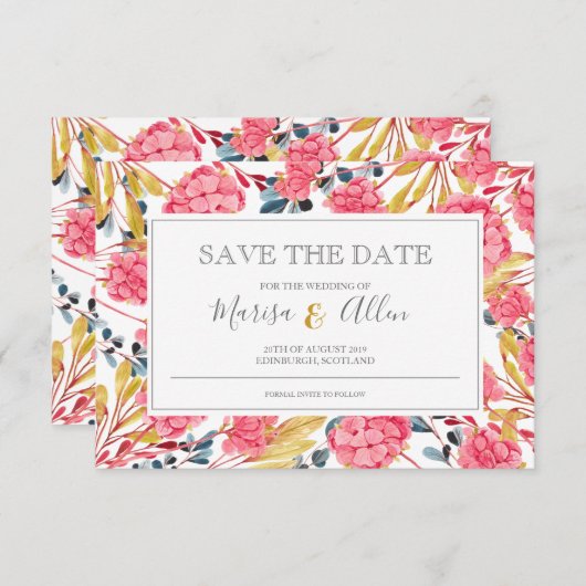 Helderroze Floral Pattern Save The Date (Voorkant / Achterkant)