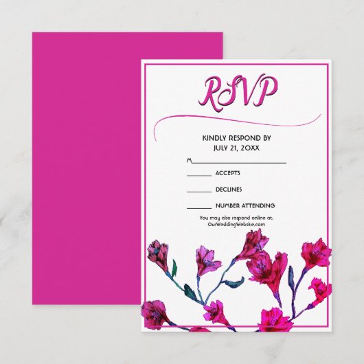Helderroze Floral Waterverf Wedding RSVP Kaartje (Voorkant / Achterkant)