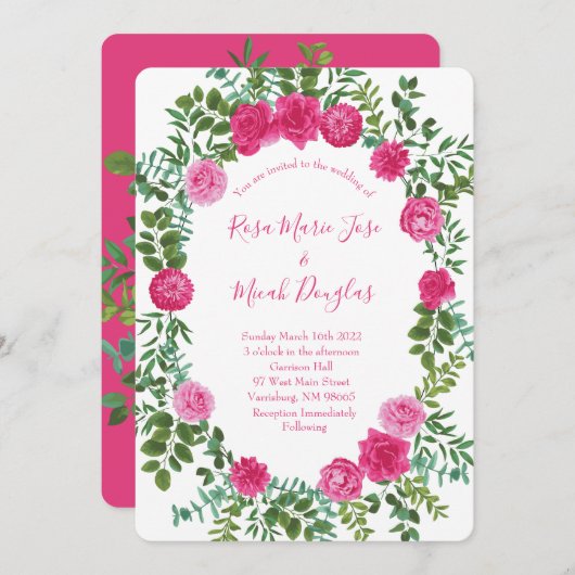 Helderroze Floral Wedding Invitations Kaart (Voorkant / Achterkant)