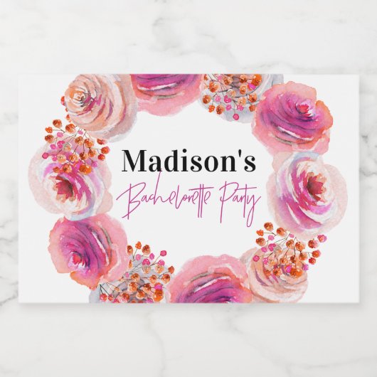 Helderroze Floral Wreath Bachelorette Sparkling Wijnetiket (Enkel label)