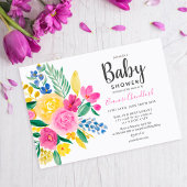 Helderroze florale waterverf baby shower kaart