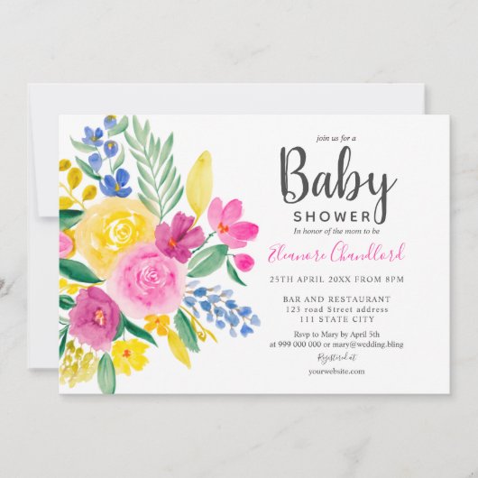 Helderroze florale waterverf baby shower kaart (Voorkant)