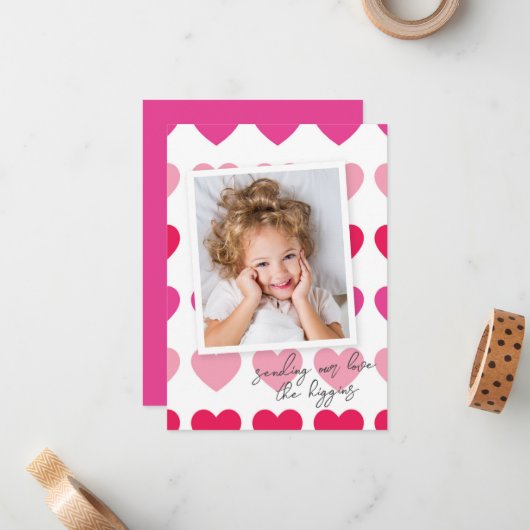 Helderroze foto-Valentijnsdag Notitiekaartje (Voorkant / Achterkant in situ)